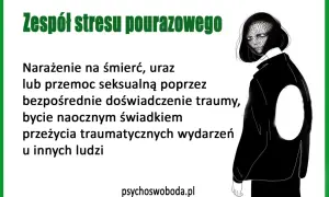 Grafika przedstawia kobietę z widocznymi objawami zespołu stresu pourazowego, symbolizującymi traumę po narażeniu na śmierć, uraz lub przemoc.