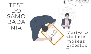 Test do samobadania. Mężczyzna zmartwiony, otoczony myślami, wypełnia kwestionariusz. Czy to objawy nerwicy?