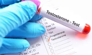 Rękawiczka w niebieskiej rękawiczce trzyma probówkę z krwią do testu na **za co odpowiada testosteron**. Zaznaczono go na liście badań.