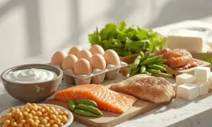 Składniki na dietę wysokobiałkową: łosoś, kurczak, jajka, jogurt, ciecierzyca, fasolka szparagowa, sałata i ser.