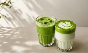Dwa orzeźwiające napoje matcha: jeden z lodem, drugi z pianką i latte art. Idealne, by dowiedzieć się, jak pić matcha.