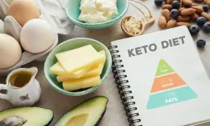 Składniki na dietę keto: jajka, ser, awokado, oliwa, jagody, migdały i notatnik z piramidą makroskładników.