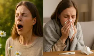 Kobieta kicha na tle kwiatów, a obok kobieta z chusteczką przy nosie, objawy alergii.