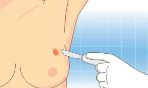 Dłoń w rękawiczce medycznej trzyma skalpel, zbliżając się do zmiany na piersi. Ilustracja pokazuje moment przed pobraniem wycinka, odpowiadając na pytanie: ile trwa biopsja.
