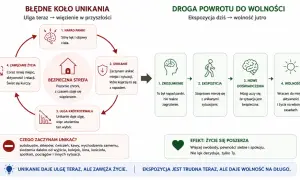 Cykl unikania: napad paniki, unikanie, ulga krótkotrwała, zawężanie życia. Droga do wolności: zrozumienie, ekspozycja, nowe doświadczenia, wolność.