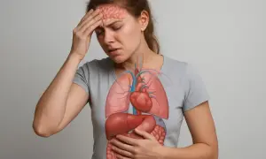 Kobieta z bólem głowy, na jej klatce piersiowej widoczne wewnętrzne organy, symbolizujące wpływ stresu oksydacyjnego na organizm.