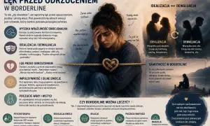 Kobieta z sercem z liny, symbolizująca lęk przed odrzuceniem w borderline. Myśli: "Nie jestem wystarczający", "Każdy mnie opuszcza".