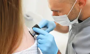 Dermatolog w rękawiczkach bada pieprzyki pacjentki dermatoskopem, kluczowy krok w tym, jak wykryć raka skóry.