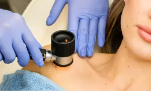 Dermatoskopia co to? Lekarz w rękawiczkach bada pieprzyki pacjentki dermatoskopem.