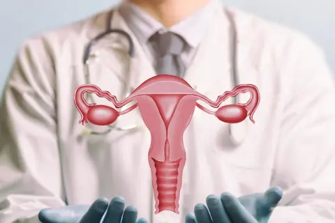 Lekarz w białym kitlu prezentuje model narządów rodnych kobiety. Pamiętaj o regularnej cytologii kiedy tylko poczujesz potrzebę lub zgodnie z zaleceniami lekarza.