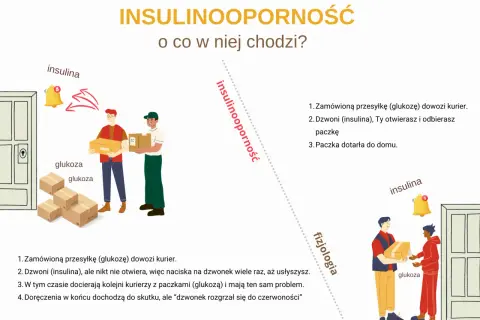 Ilustracja wyjaśnia insulinooporność: kurierzy z glukozą nie mogą się dostać do komórek (domu), bo insulina (dzwonek) nie działa.