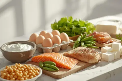 Składniki na dietę wysokobiałkową: łosoś, kurczak, jajka, jogurt, ciecierzyca, fasolka szparagowa, sałata i ser.