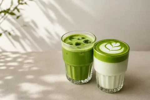 Dwa orzeźwiające napoje matcha: jeden z lodem, drugi z pianką i latte art. Idealne, by dowiedzieć się, jak pić matcha.