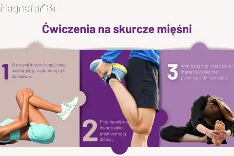 Ćwiczenia na skurcze mięśni: leżąc, podciągnij nogę do tułowia, przyciągnij stopę do pośladka, a potem wyprostuj nogi i pochyl się.