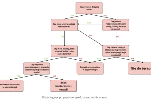Schemat decyzyjny: czy problem dotyczy mnie? Jeśli tak, czy mam wpływ na rozwiązanie? Może pomóc w ocenie, czy potrzebny jest terapeuta poznawczo behawioralny.