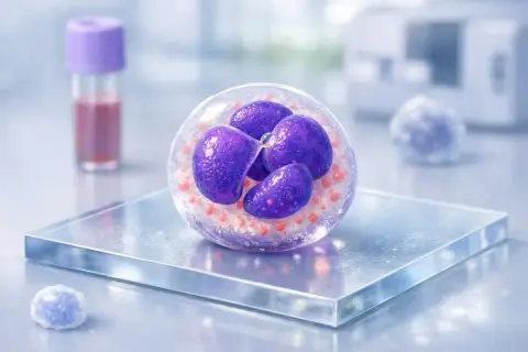 Neutropenia co to? Zbliżenie na neutrofil, białą krwinkę, kluczową w walce z infekcjami. W tle probówka z krwią.