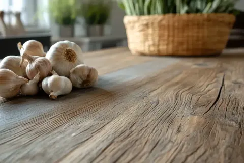 Kępka czosnku na drewnianym stole. Czy czosnek szkodzi na wątrobę? W tle koszyk z zielenią.
