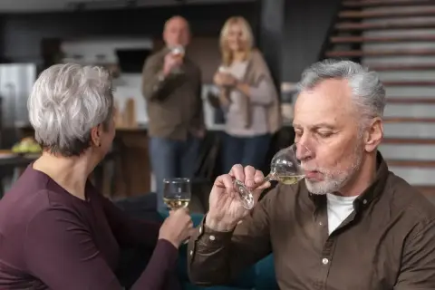 Starszy mężczyzna pije wino, zastanawiając się, czy alkoholizm jest dziedziczny. W tle para wznosi toast.