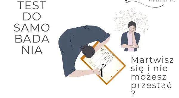 Test do samobadania. Mężczyzna zmartwiony, otoczony myślami, wypełnia kwestionariusz. Czy to objawy nerwicy?