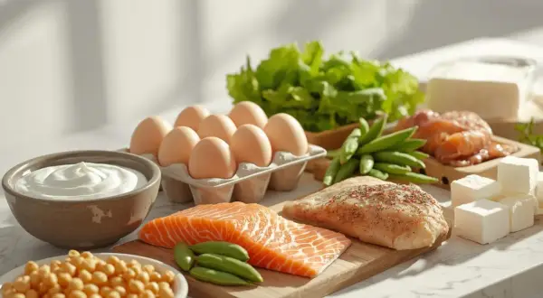 Składniki na dietę wysokobiałkową: łosoś, kurczak, jajka, jogurt, ciecierzyca, fasolka szparagowa, sałata i ser.
