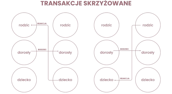 Schemat analizy transakcyjnej ilustrujący skrzyżowane transakcje między stanami ego: rodzic, dorosły, dziecko.