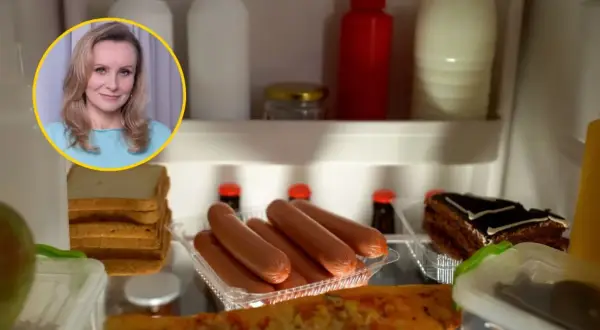 Kobieta w okręgu patrzy na lodówkę pełną parówek, ciasta i pizzy. Tego nie lubi rak złośliwy.