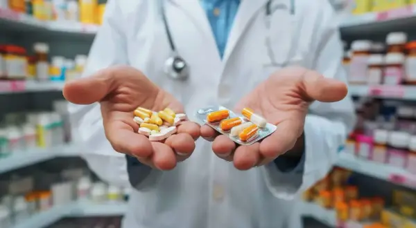 Farmaceuta prezentuje suplement i lek w kapsułkach. Wybór między nimi zależy od potrzeb.