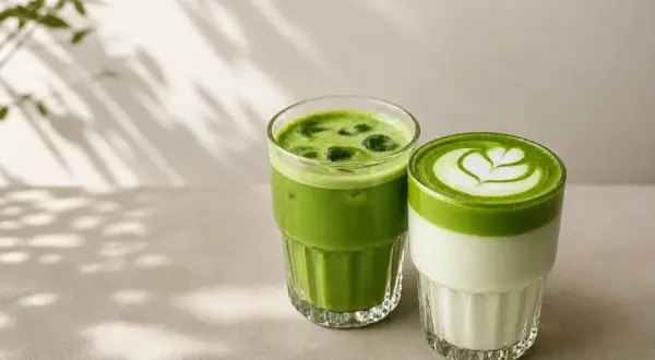 Dwa orzeźwiające napoje matcha: jeden z lodem, drugi z pianką i latte art. Idealne, by dowiedzieć się, jak pić matcha.