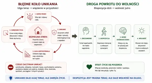 Cykl unikania: napad paniki, unikanie, ulga krótkotrwała, zawężanie życia. Droga do wolności: zrozumienie, ekspozycja, nowe doświadczenia, wolność.