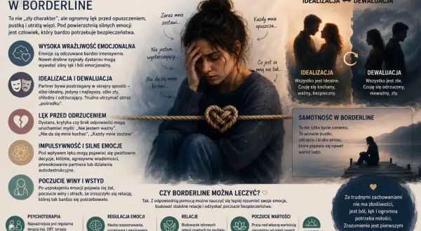 Kobieta z sercem z liny, symbolizująca lęk przed odrzuceniem w borderline. Myśli: "Nie jestem wystarczający", "Każdy mnie opuszcza".