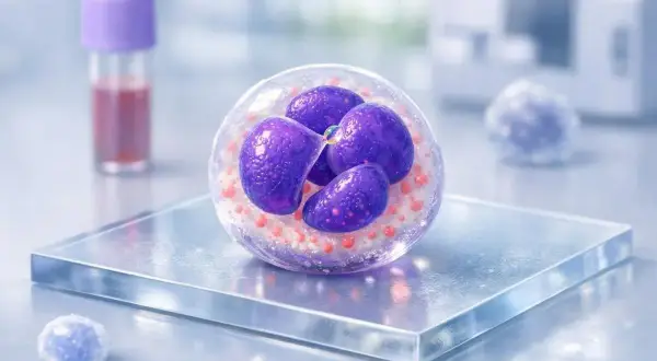 Neutropenia co to? Zbliżenie na neutrofil, białą krwinkę, kluczową w walce z infekcjami. W tle probówka z krwią.
