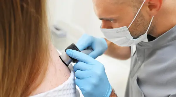 Dermatolog w rękawiczkach bada pieprzyki pacjentki dermatoskopem, kluczowy krok w tym, jak wykryć raka skóry.