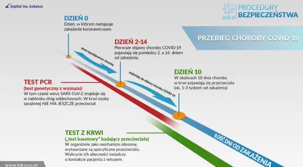 Przebieg choroby COVID-19 w Polsce: od zakażenia (dzień 0) do pojawienia się objawów (dzień 2-14) i przeciwciał (dzień 10).