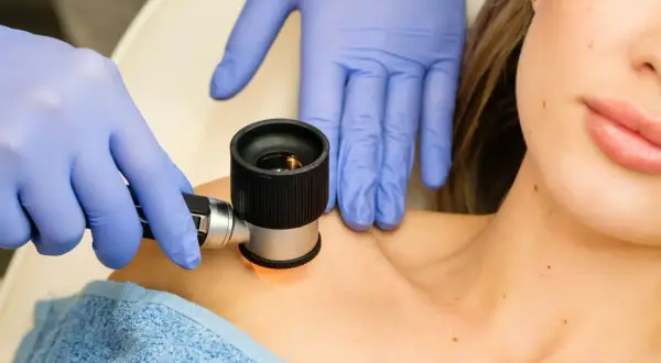 Dermatoskopia co to? Lekarz w rękawiczkach bada pieprzyki pacjentki dermatoskopem.