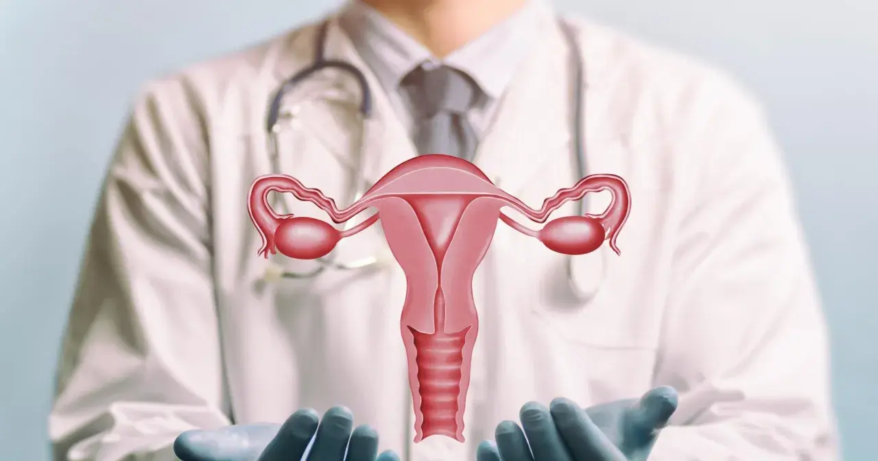 Lekarz w białym kitlu prezentuje model narządów rodnych kobiety. Pamiętaj o regularnej cytologii kiedy tylko poczujesz potrzebę lub zgodnie z zaleceniami lekarza.