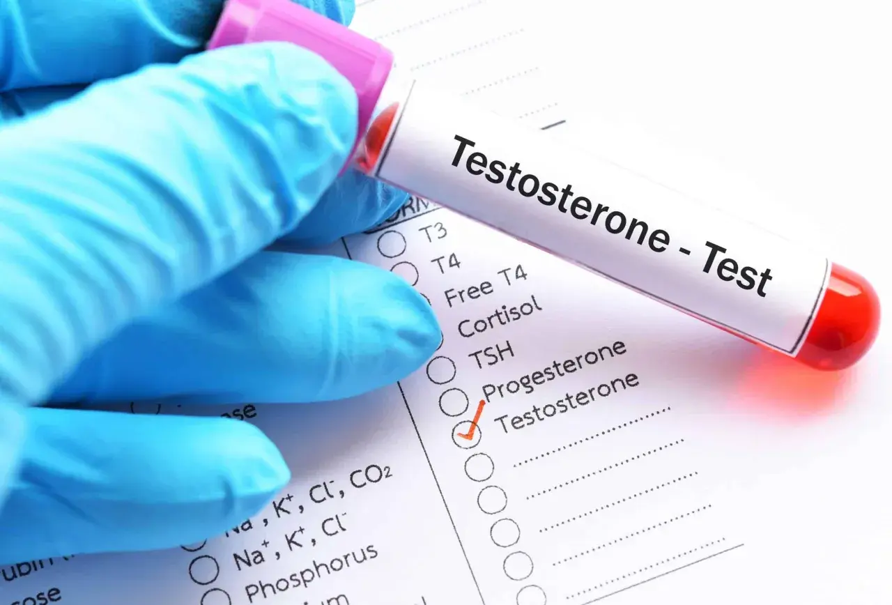 Rękawiczka w niebieskiej rękawiczce trzyma probówkę z krwią do testu na **za co odpowiada testosteron**. Zaznaczono go na liście badań.