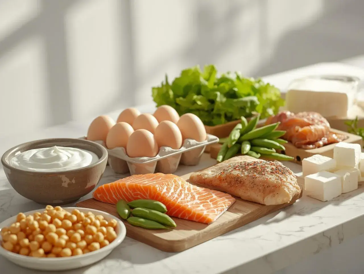 Składniki na dietę wysokobiałkową: łosoś, kurczak, jajka, jogurt, ciecierzyca, fasolka szparagowa, sałata i ser.