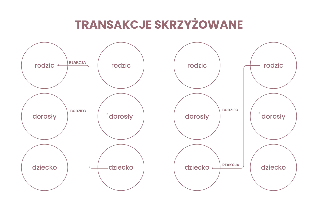 Schemat analizy transakcyjnej ilustrujący skrzyżowane transakcje między stanami ego: rodzic, dorosły, dziecko.