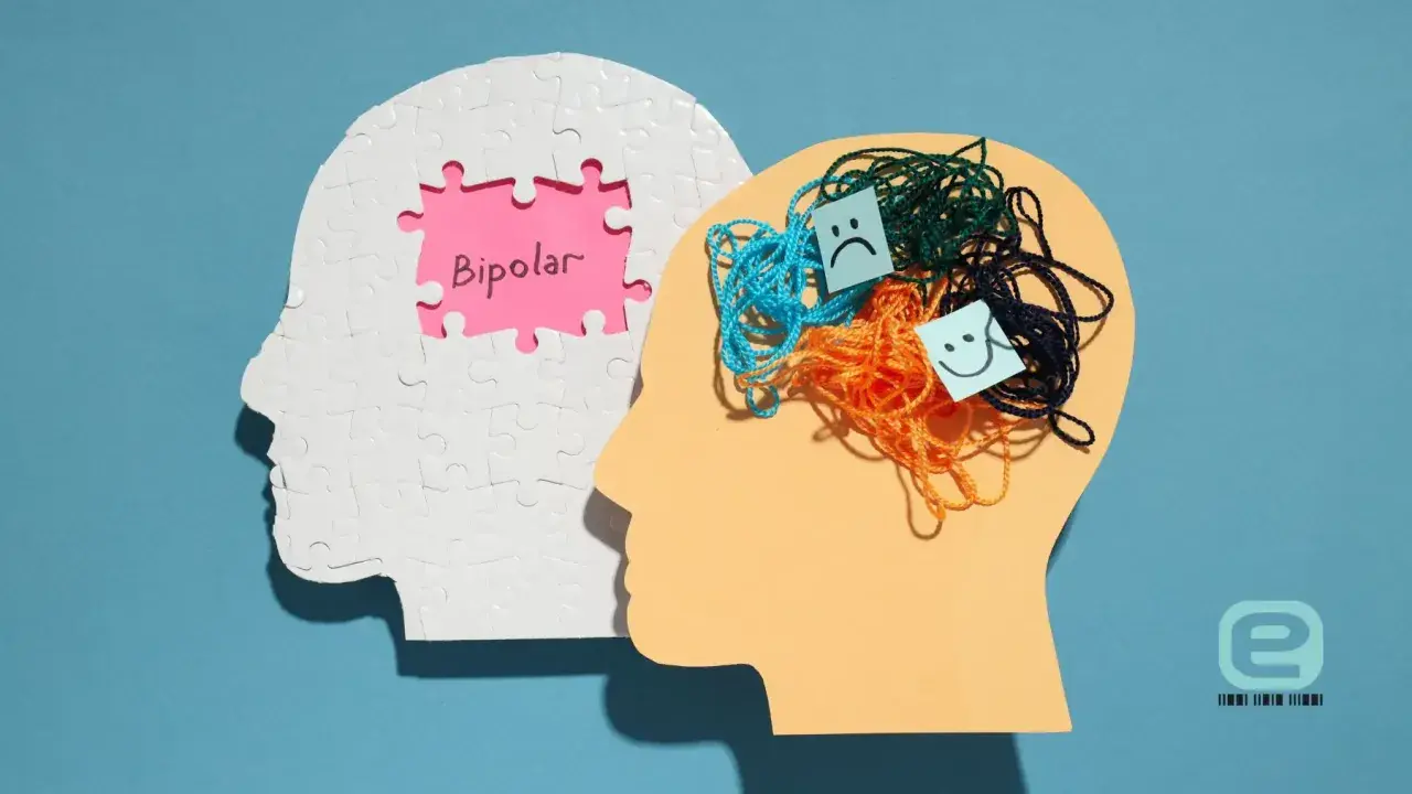 Dwie głowy symbolizujące chorobę dwubiegunową: jedna z napisem "Bipolar" na różowym tle, druga z plątaniną kolorowych nitek i emotikonami smutnej i uśmiechniętej buźki.