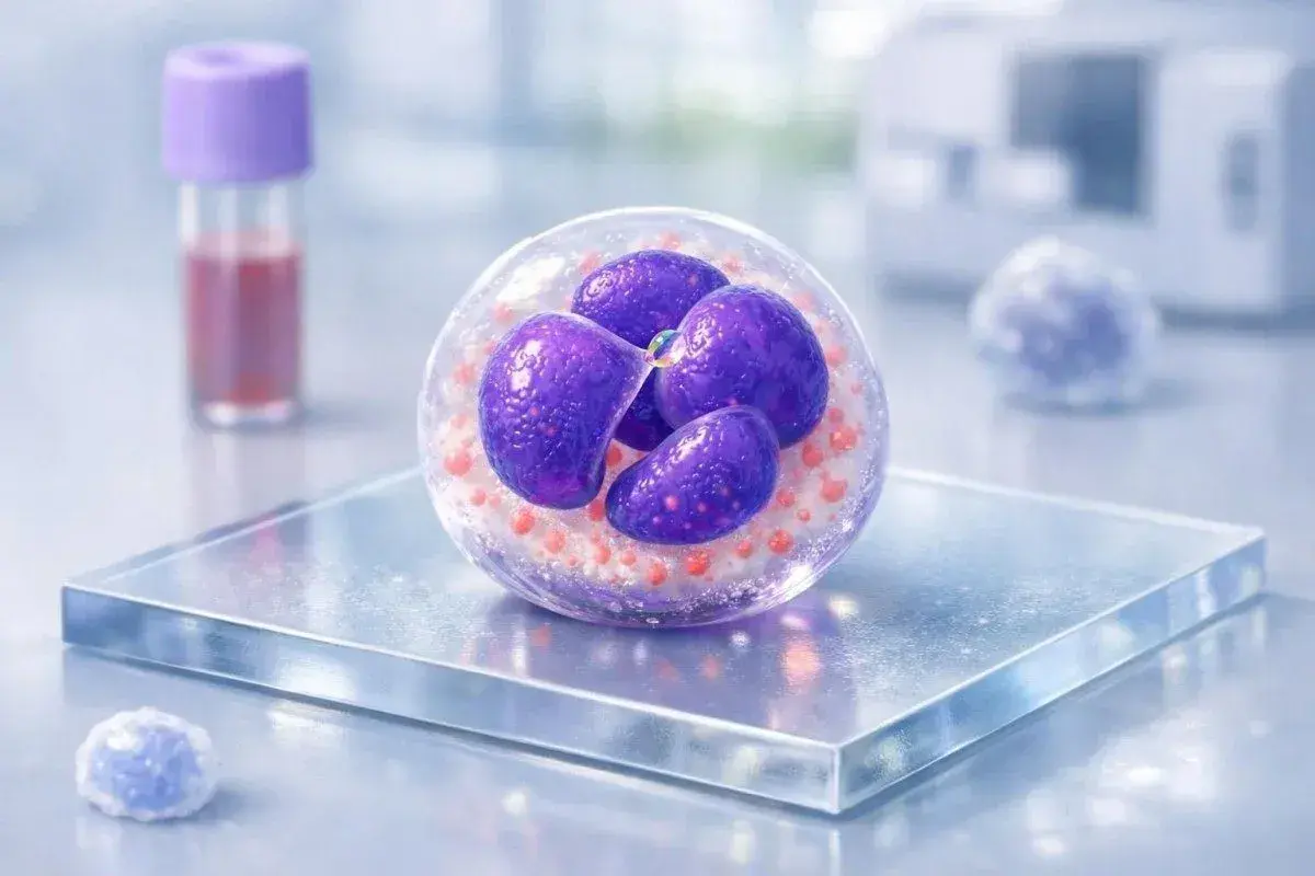 Neutropenia co to? Zbliżenie na neutrofil, białą krwinkę, kluczową w walce z infekcjami. W tle probówka z krwią.