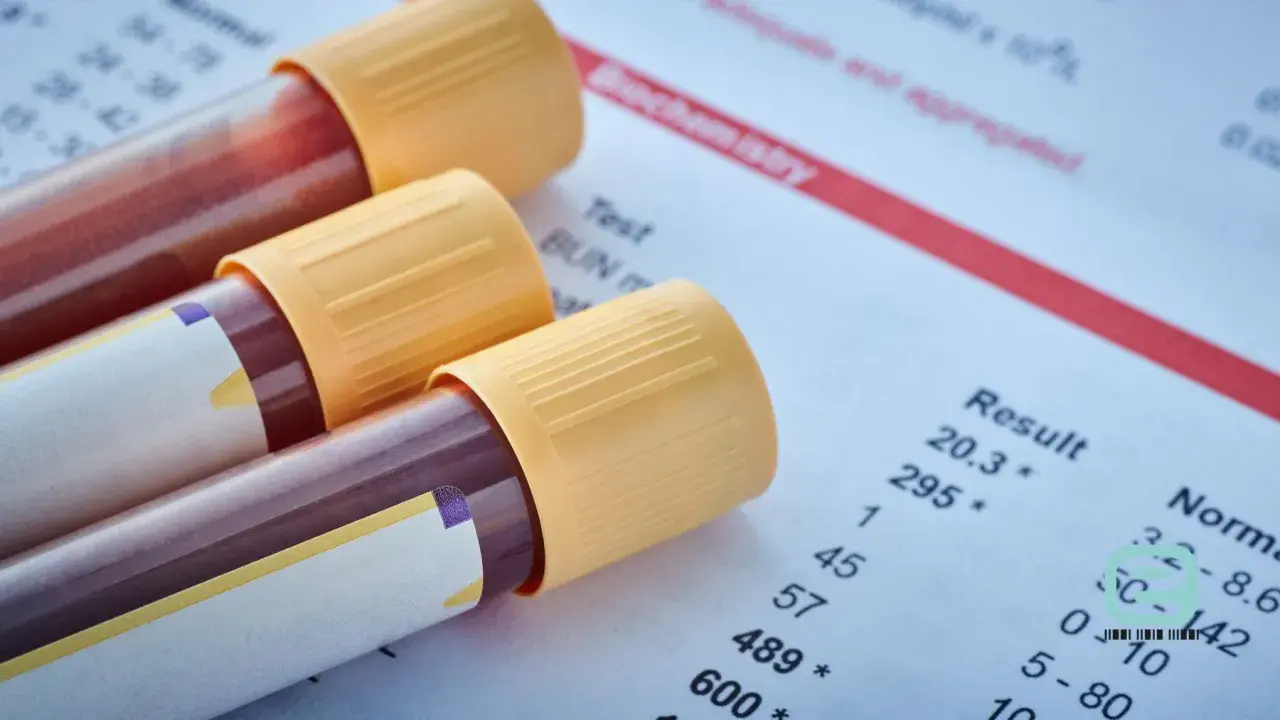 Probówki z krwią do psa badanie leżą obok wyników analizy biochemicznej.