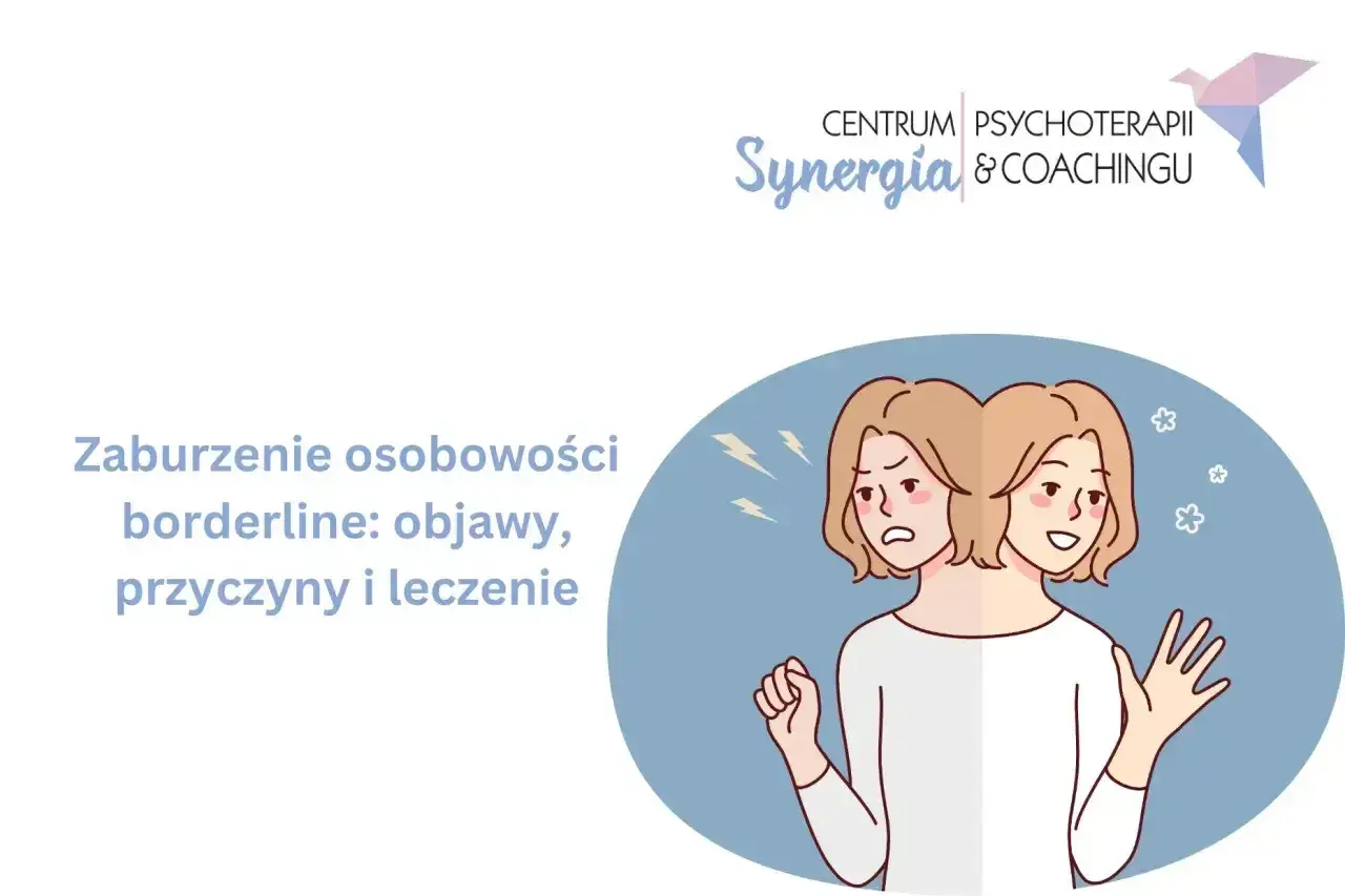 Ilustracja przedstawia osobę z dwoma twarzami, symbolizującą zmienne nastroje i emocje związane z osobowością borderline.