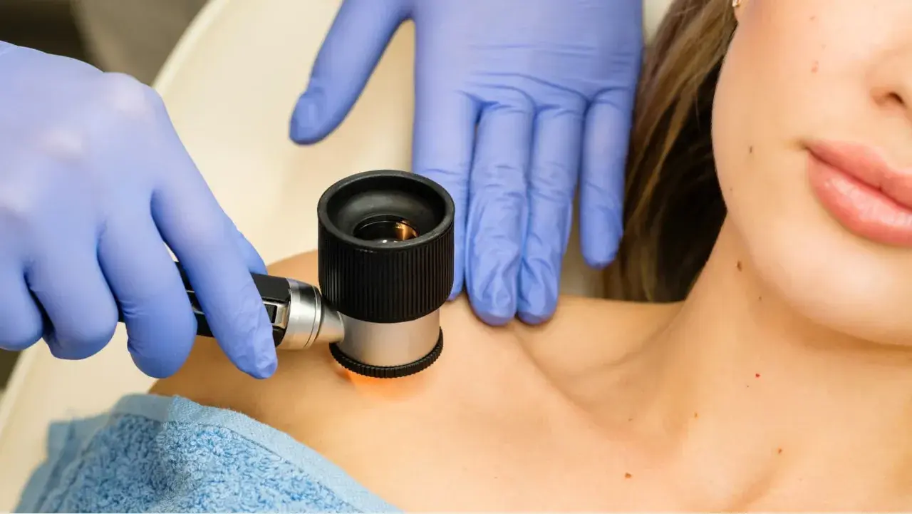Dermatoskopia co to? Lekarz w rękawiczkach bada pieprzyki pacjentki dermatoskopem.