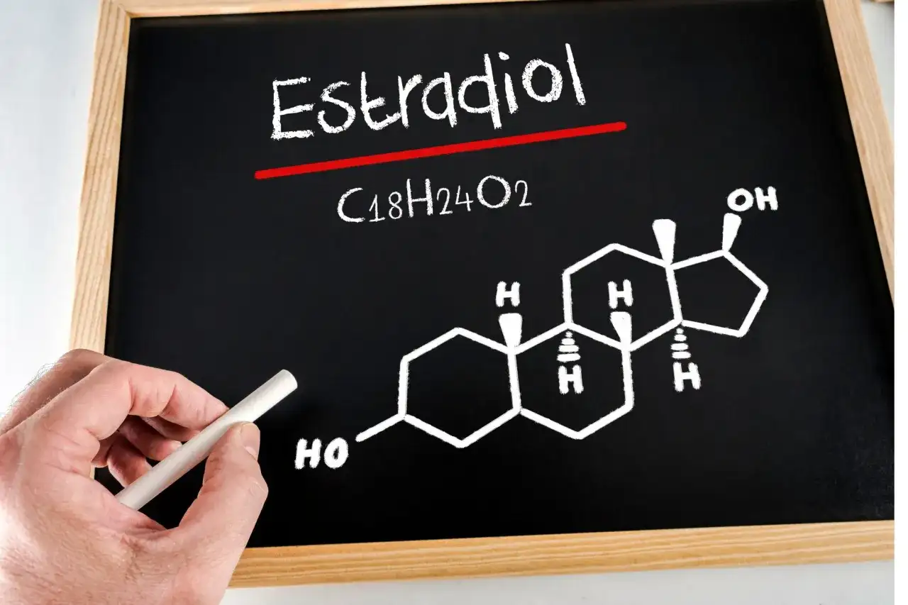 Estradiol, wzór chemiczny i struktura. Jak podwyższyć estrogen? Tablica z kredą.