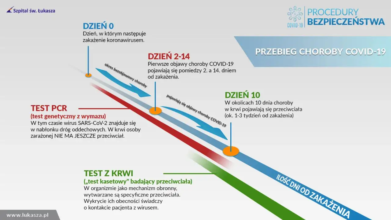 Przebieg choroby COVID-19 w Polsce: od zakażenia (dzień 0) do pojawienia się objawów (dzień 2-14) i przeciwciał (dzień 10).