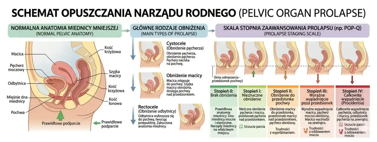 Schemat przedstawia wypadanie macicy i innych narząd&oacute;w miednicy, od prawidłowej anatomii po zaawansowane stadia wypadania.