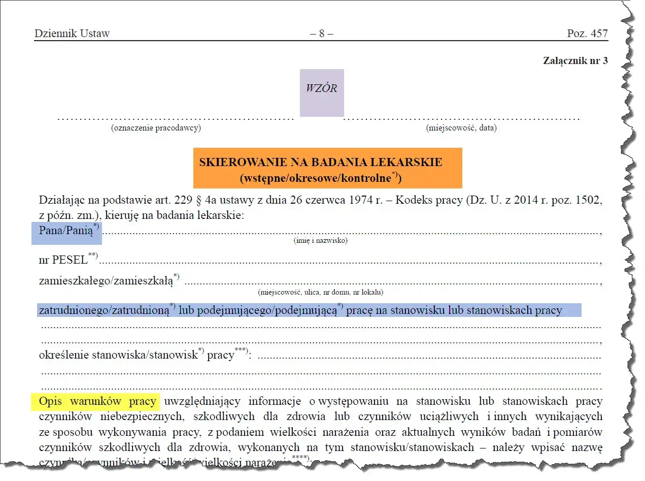 Skierowanie na badania lekarskie (wstępne/okresowe/kontrolne) dla pracownika. Dokument zawiera dane pracownika i opis warunk&oacute;w pracy, niezbędne do przeprowadzenia badań okresowych.