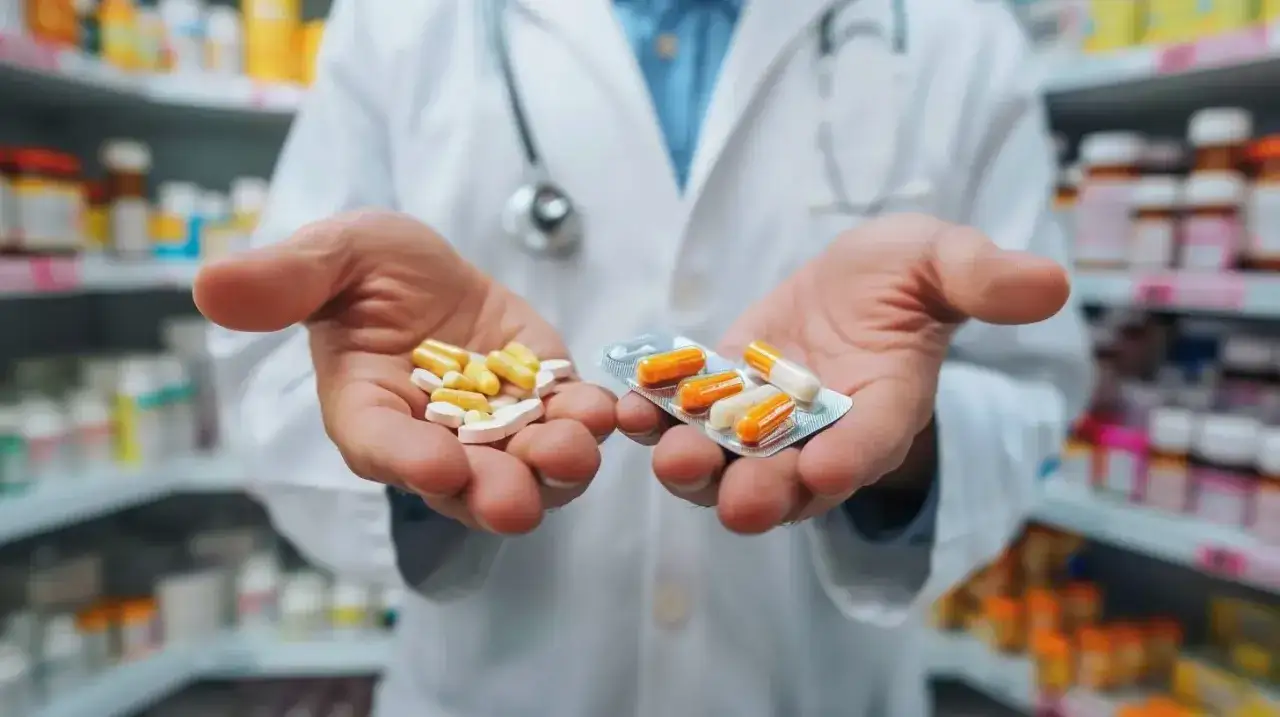 Farmaceuta prezentuje suplement i lek w kapsułkach.