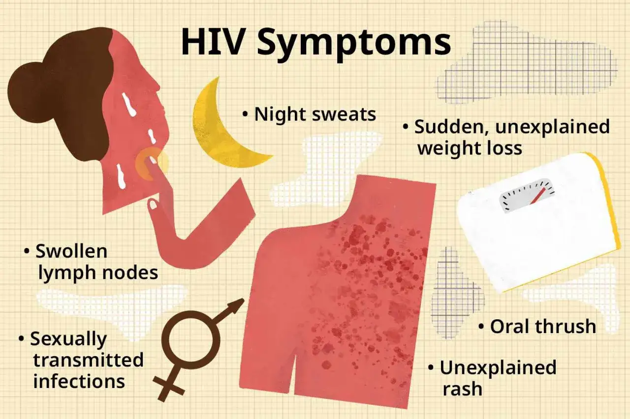 Objawy AIDS: nocne poty, nagła utrata wagi, wysypka, powiększone węzły chłonne, infekcje.