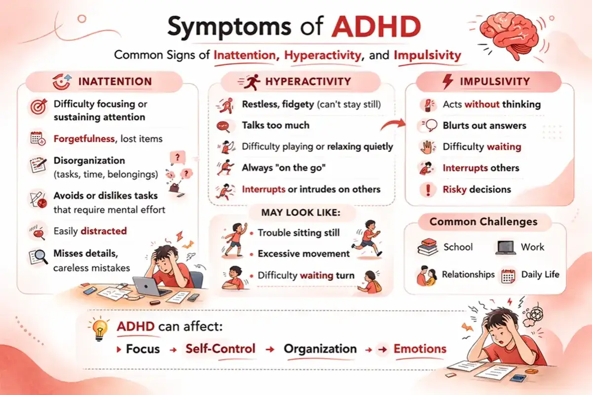 Ilustracja przedstawia objawy ADHD: roztargnienie, nadpobudliwość i impulsywność. Dziecko z ADHD może mieć trudności z koncentracją, zapominać rzeczy, być nadmiernie aktywne lub impulsywne.